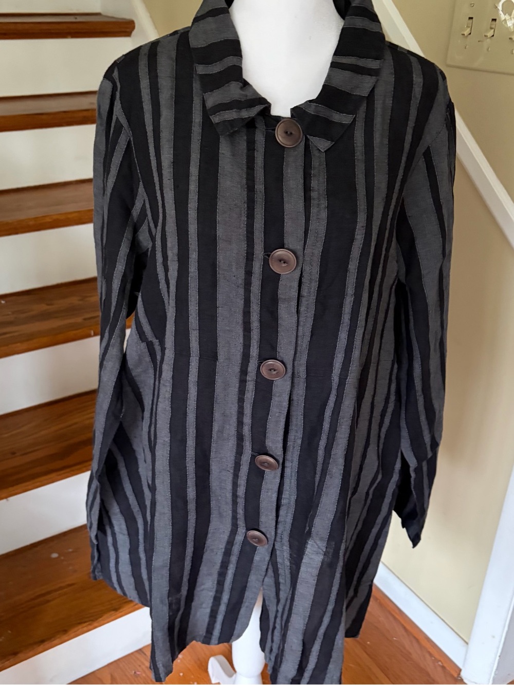 Vintage FLAX Linen Tunic Jacket Black Gray Striped Button Front Artsy S